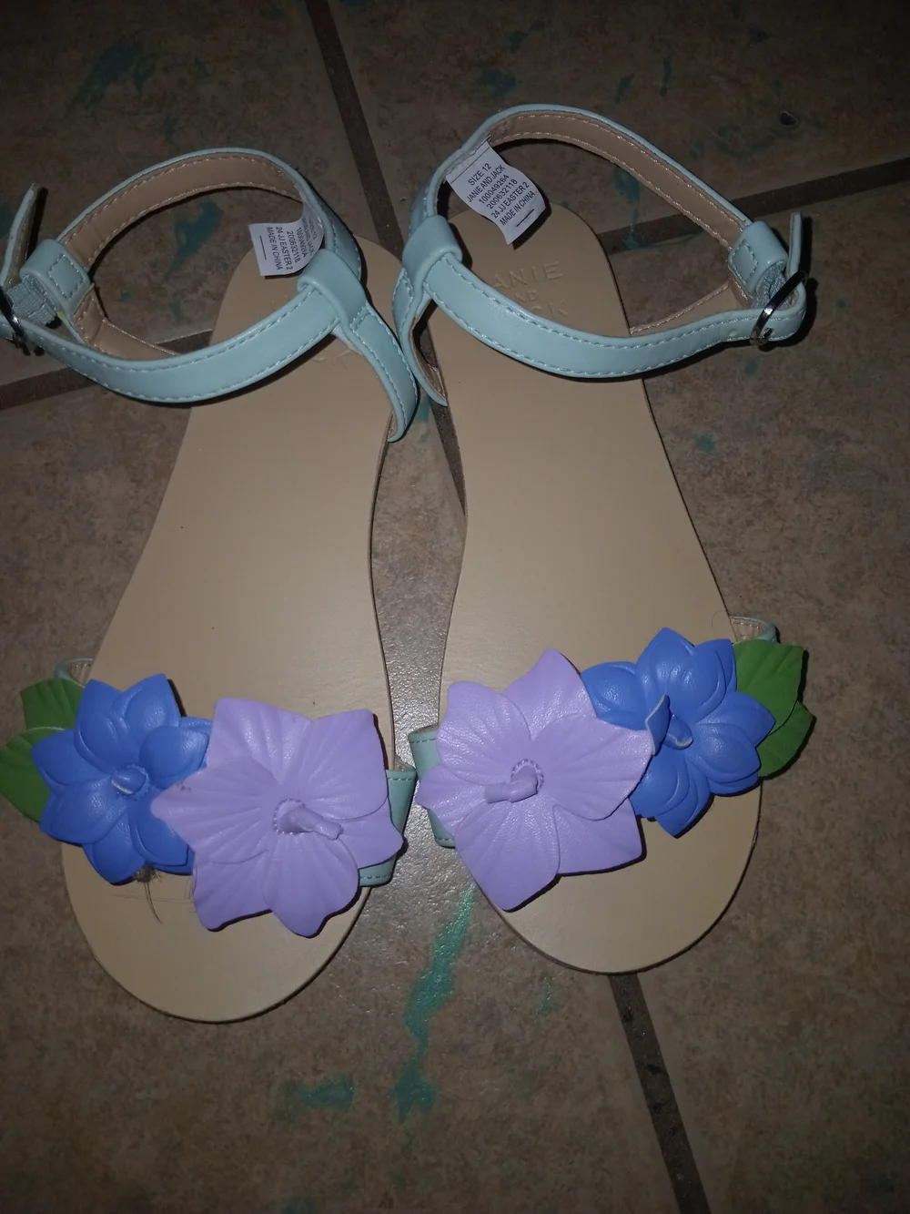 Janie and Jack Mint Girls' Sandals with Purple & Blue Flower Appliqués
